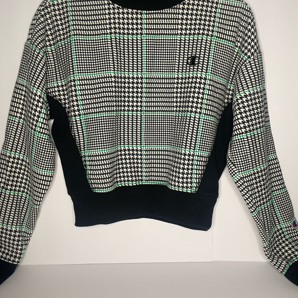 Champion Black & White Houndstooth Sweater with Green Windowpane